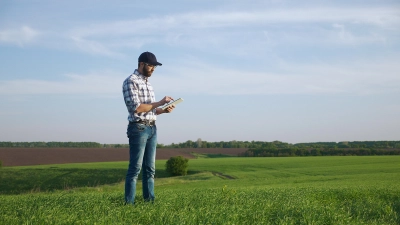 Farmer using broadband in rural area